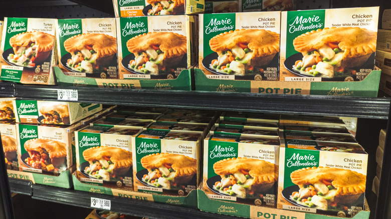 Grocery freezer full of Marie Callender's frozen pot pies