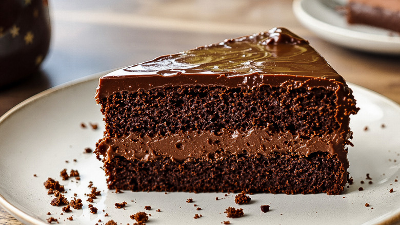 A slice of moist chocolate cake with glossy chocolate frosting sits on a plate.
