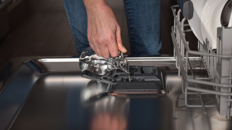 A woman pouring vinegar into the rinsing agent section of her dishwasher