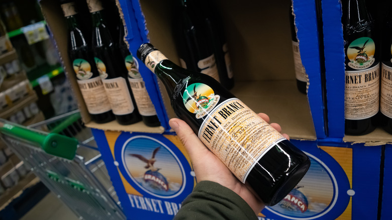 Close-up of two Fernet-Branca bottles