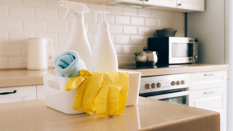 Cleaning materials on a waterfall countertop