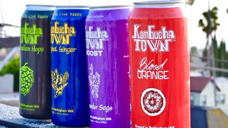 Four flavors and colors of Kombucha Town drinks