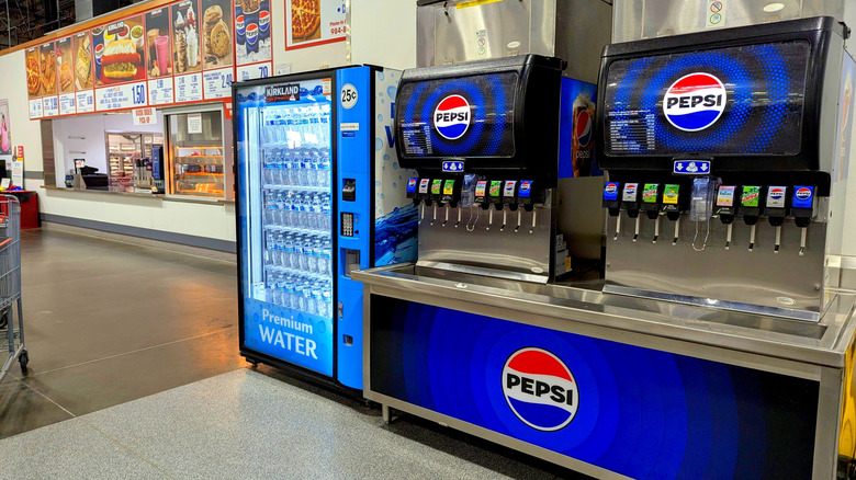 Costco food court drink fountain and vending machine with bottled water