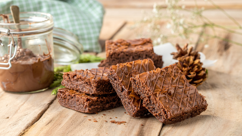 Nutella brownies on wooden table