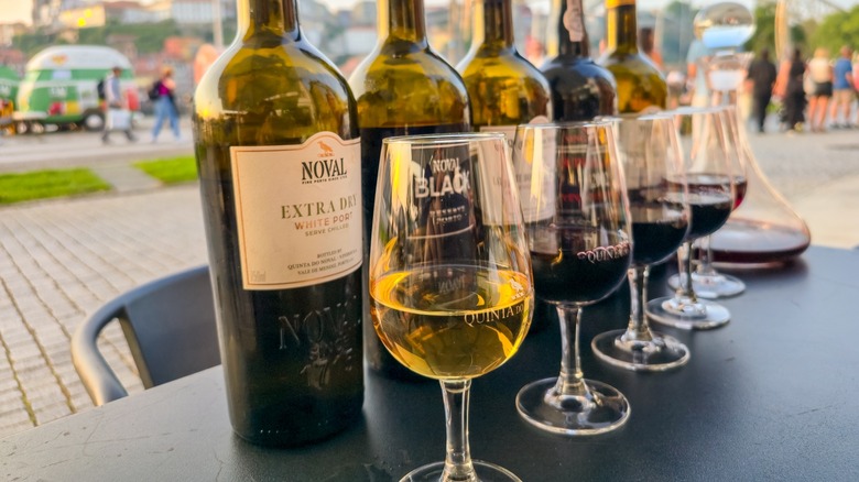 multiple wines including an extra dry port and glasses lined up for tasting