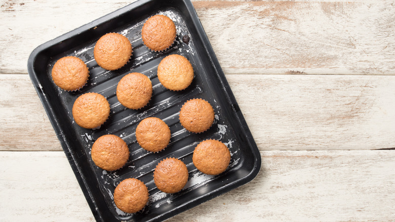 A tray of baked cupcakes