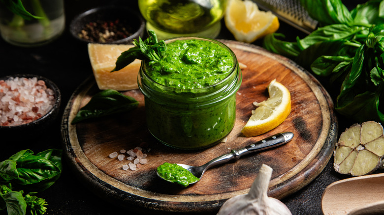 jar of homemade pesto sauce