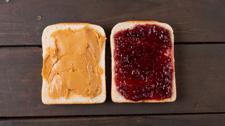 Open-faced peanut butter and jelly sandwich