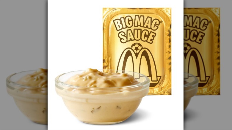 packet and small bowl of McDonald's Big Mac sauce with logo and soccer ball