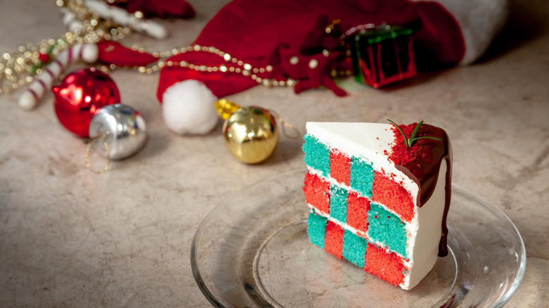 festive red and blue checkerboard cake