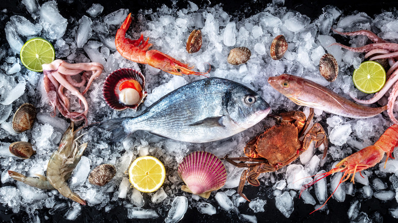 Assorted seafood scattered over ice