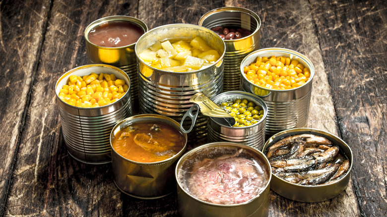 Various canned foods in open cans
