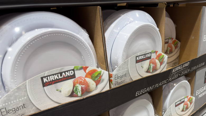 Kirkland Signature Elegant Plastic Plates displayed on the store shelf
