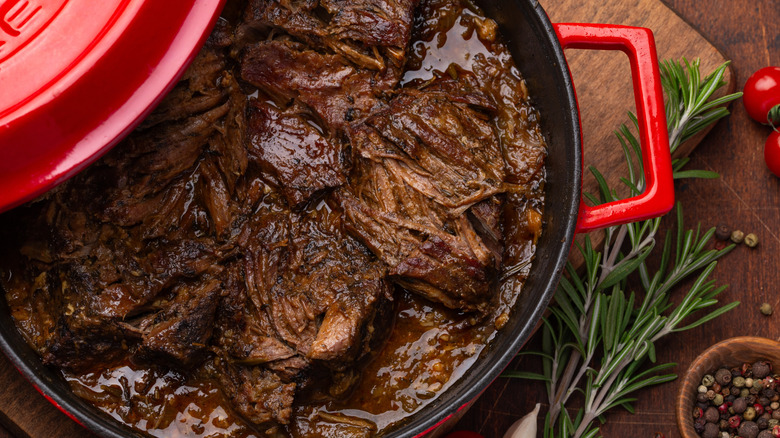 Braised beef in a Dutch oven pot