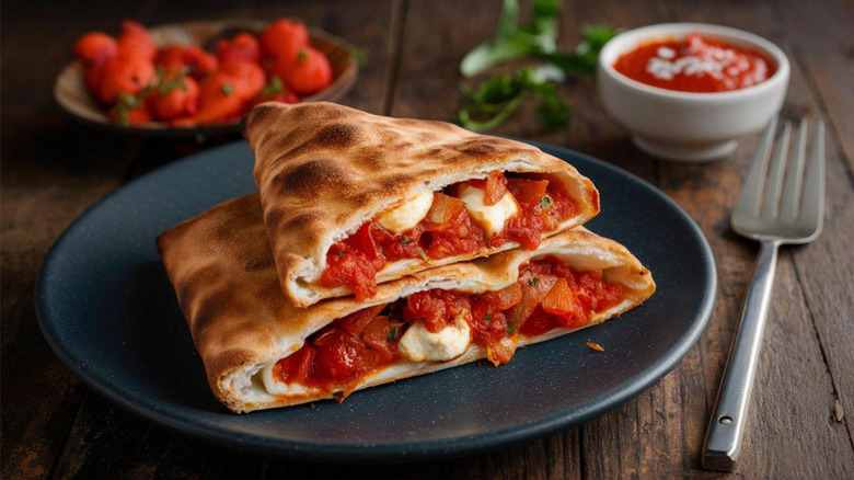 sliced calzone on a plate