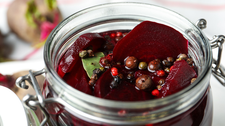 Jar of canned pickled beets