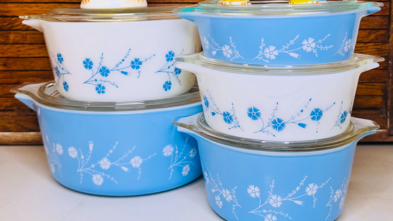 Vintage Pyrex Blue Dianthus dishes stacked