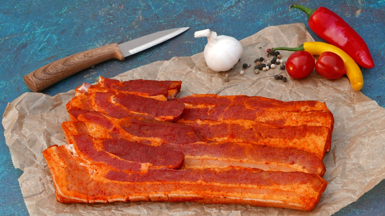 Sliced salt pork coated in red spices, beside a knife, peppers, and garlic