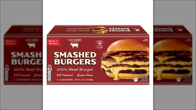 Box of Aldi Cattleman Ranch Smashed Burgers.