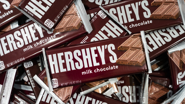 A pile of Hershey's milk chocolate bars