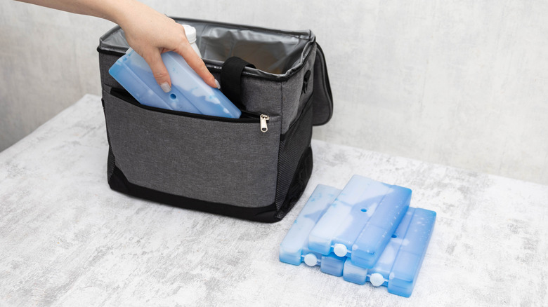 Hands packing ice packs into a cooler bag.