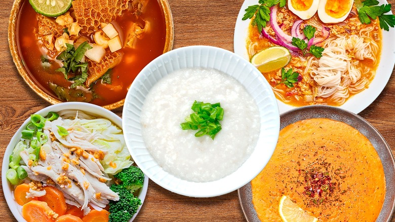 various breakfast soups including congee