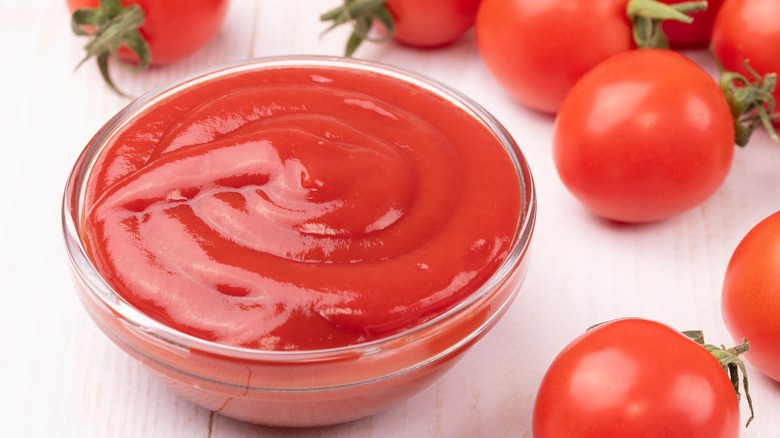 dish of ketchup surrounded by tomatoes