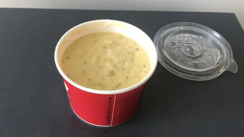 Broccoli cheese soup from Jason's Deli on a table