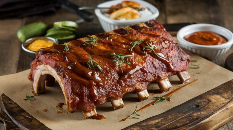 Baby back ribs coated in barbecue sauce and served on a platter