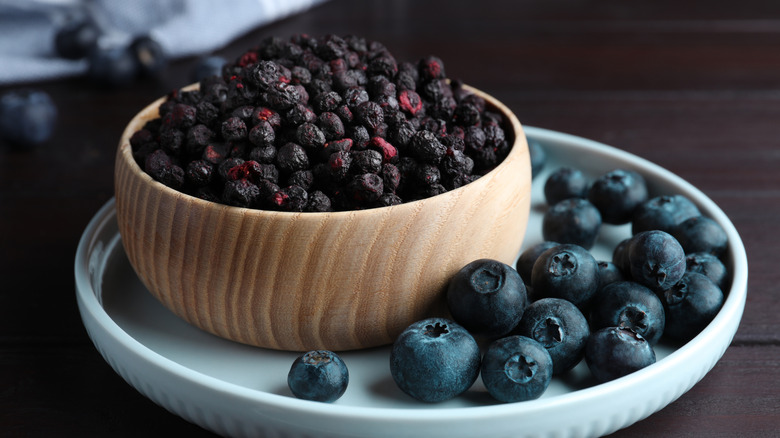 A bowl of frozen blueberries next to some fresh blueberries on a plate