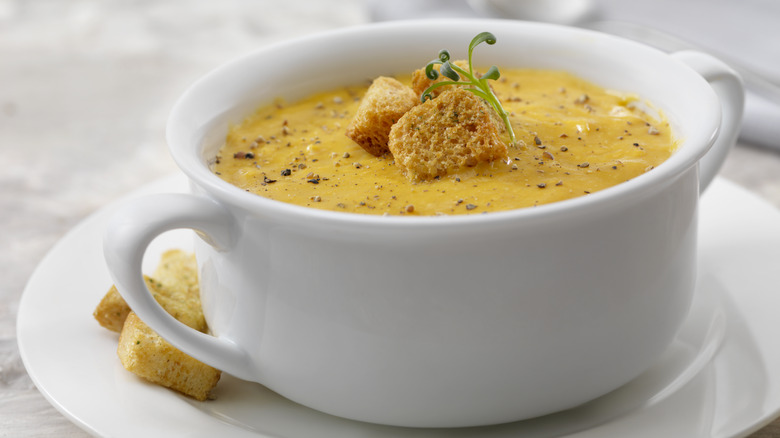 Soup in bowl with crouton garnish 