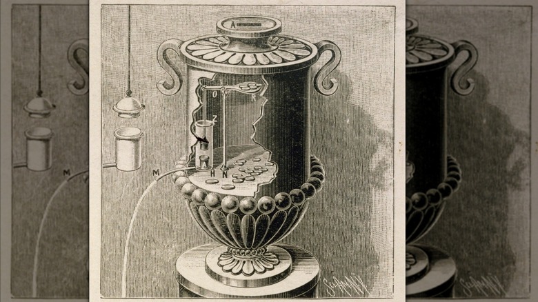 Diagram of how Hero of Alexandria's holy water vending machine worked
