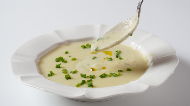 Vichyssoise soup in a white bowl