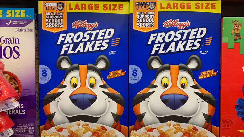 Boxes of Kellog's Frosted Flakes line Publix supermarket shelves