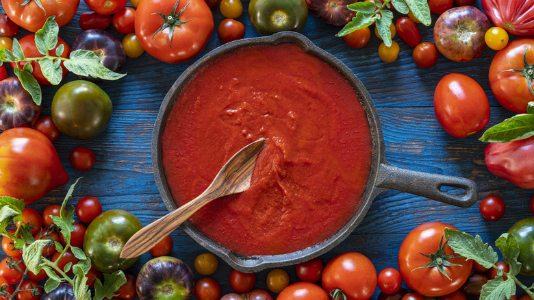 tomato sauce on table with whole tomatoes