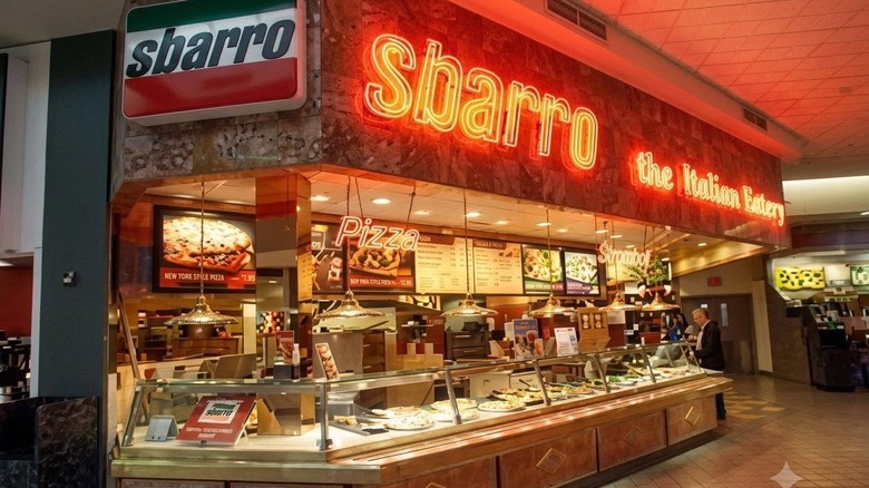 The mall storefront of a Sbarro location