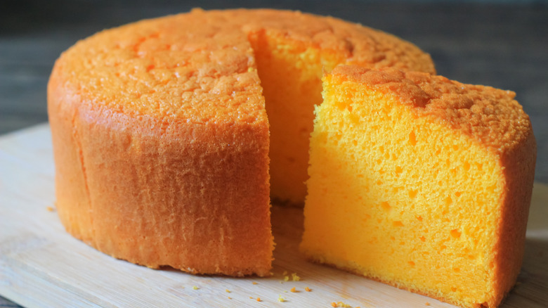 Slice of orange chiffon sponge cake