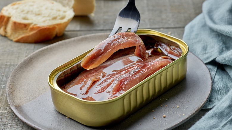 Anchovies in can and fork