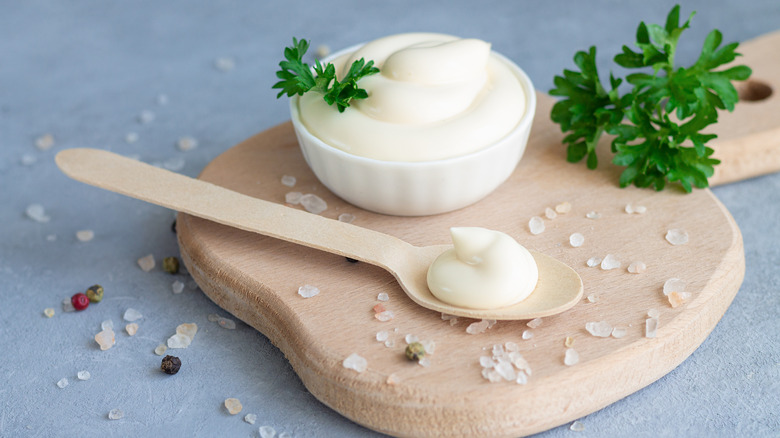 Homemade mayo on spoon