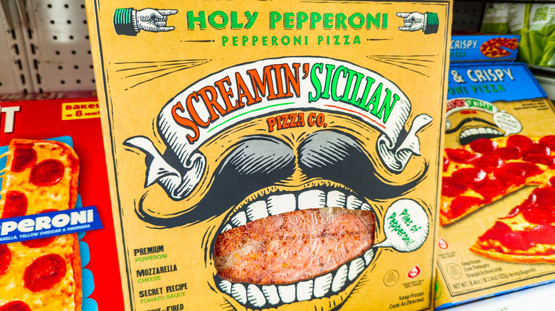 A screaming Sicilian holy pepperoni pizza on the shelf at a store