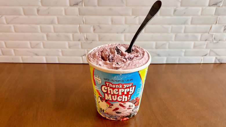 Closeup of Thank You Cherry Much! Aldi ice cream on a table with a spoon