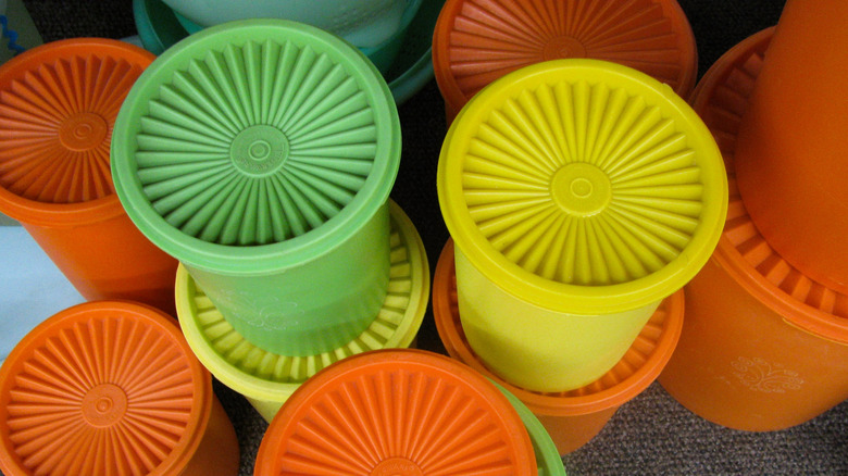 Array of colorful vintage Tupperware containers