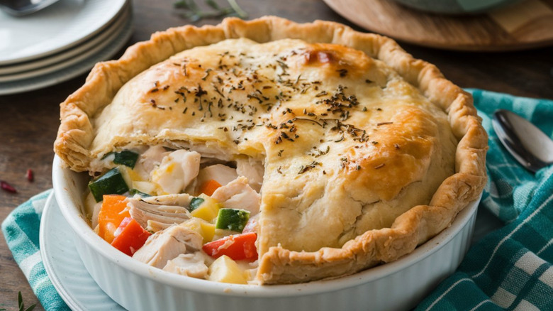Chicken pot pie in white dish on checkered kitchen towel
