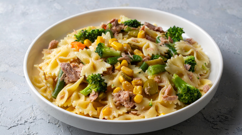 Pasta salad with vegetables, corn, and meat