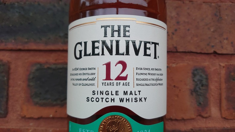 A close up of The Glenlivet 12-year label showcasing some of its key information