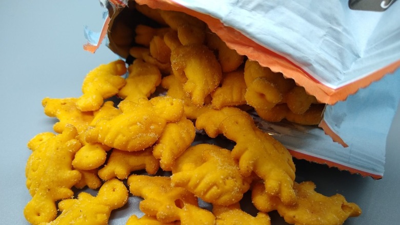 Aldi's turtle-shaped snack crackers spilling out of an open bag