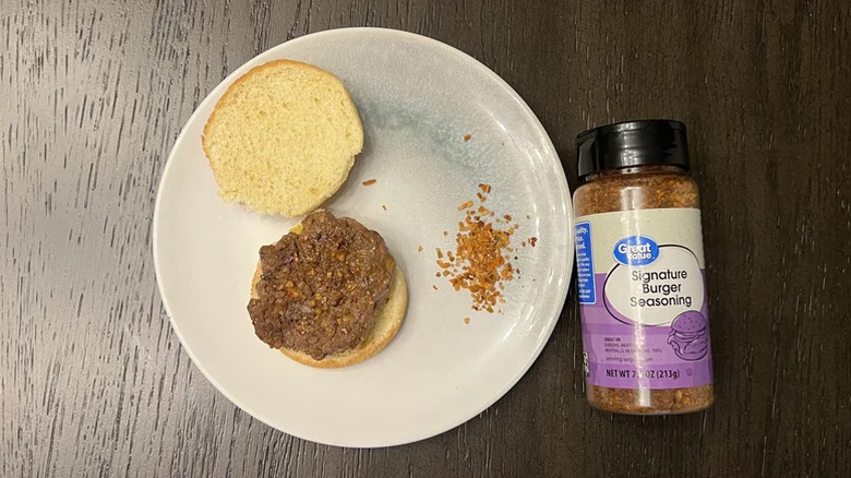 Great Value burger seasoning on a plate and a patty