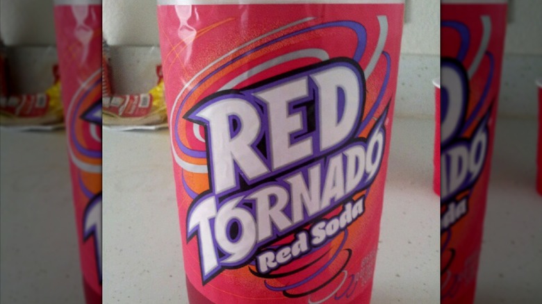 Close-up of a bottle of Great Value Red Tornado soda