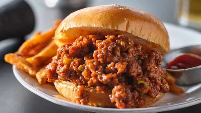 sloppy joe on plate with fries and ketchup 