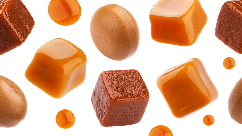 chocolate toffee caramel pieces falling